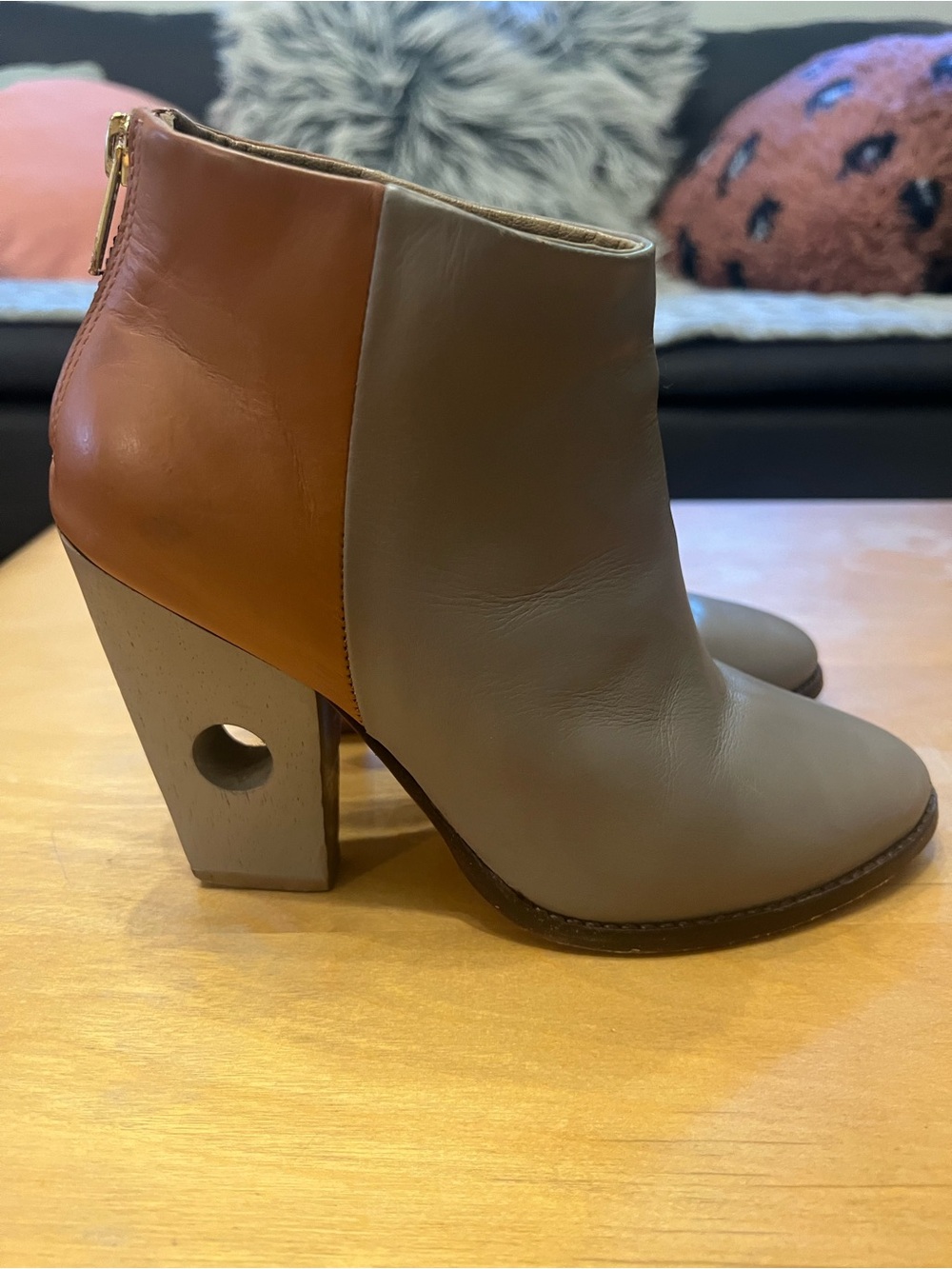 Two-Tone Leather Ankle Boots in Taupe and Cognac